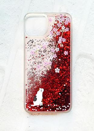 Чохол із плаваючими блискітками на iphone 14 червоний :: котик і сакура (принт 283)