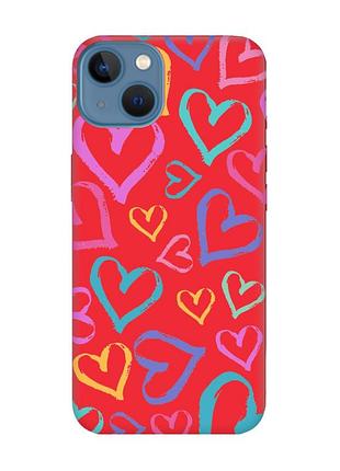 Матовий червоний чохол на apple iphone 13 :: різнокольорові сердечка (принт 332)