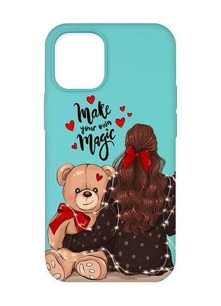 Матовый бирюзовый чехол на iphone 12/12 pro :: девушка с мишкой (принт 188)
