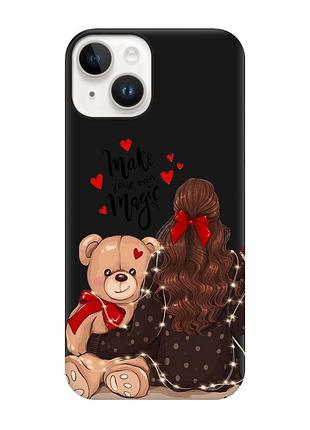 Матовий чорний чохол на apple iphone 14 :: дівчина з ведмедиком (принт 188)