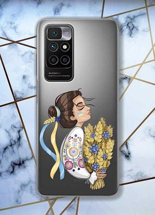 Прозрачный чехол для xiaomi redmi 10 патриотический дизайн украинка с колосками принт 172