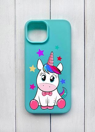 Матовый чехол на iphone 15 бирюзовый :: единорог (принт 102)