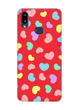 Матовый красный чехол на samsung galaxy a10s (a107) :: разноцветные сердечка (принт 335)