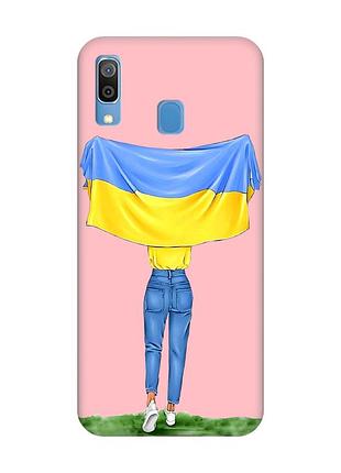 Матовый розовый чехол на samsung galaxy a30 (2019) / a20 (2019) :: девушка с флагом (принт 263)