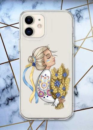 Прозрачный чехол на iphone 12 mini :: украинка с колосками (принт 173)