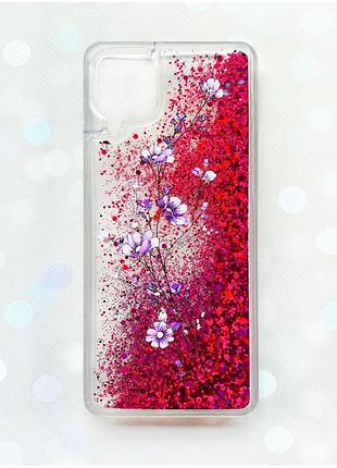 Чехол с плавающими блестками samsung galaxy a12 розовый :: веточка цветов (принт 278)