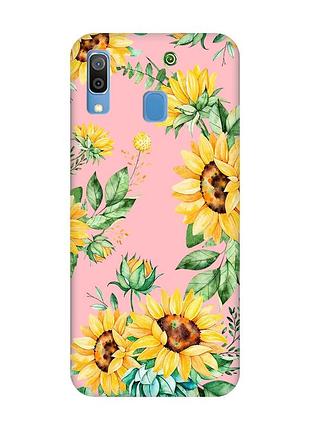 Матовый розовый чехол на samsung galaxy a30 (2019) / a20 (2019) :: подсолнухи (принт 288)