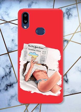 Матовий червоний чохол на samsung galaxy a10ѕ a107 дівчина з газетою (принт 31)