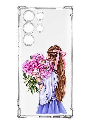 Чохол з потовщеними кутами на samsung galaxy s24 ultra :: дівчина з півоніями (принт 11)