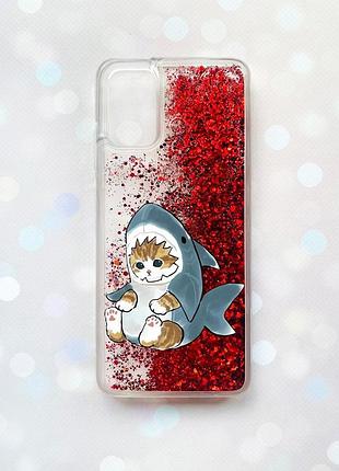 Чехол с плавающими блестками на samsung galaxy a03s (a037) красный :: котёнок (принт 120)