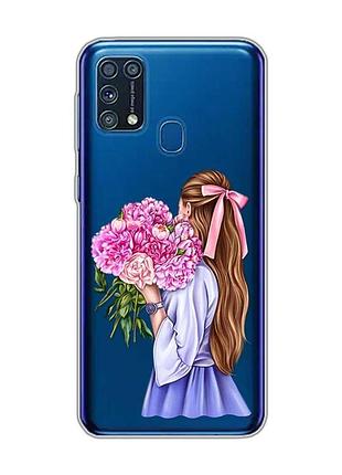 Прозорий чохол на samsung galaxy m31 :: дівчина з півоніями (принт 11)