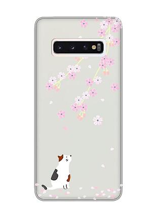 Прозрачный чехол на samsung galaxy s10 :: котик и сакура (принт 283)
