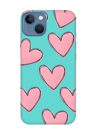 Матовый бирюзовый чехол на iphone 13 :: сердечка розовые (принт 78)