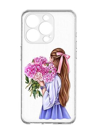 Прозрачный чехол с защитой камеры на iphone 15 pro max :: девушка с пионами (принт 11)