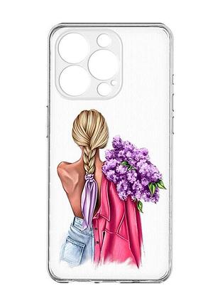 Прозрачный чехол с защитой камеры на iphone 15 pro :: девушка с сиренью (принт 7)
