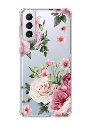Чохол з потовщеними кутами на samsung galaxy s21 plus :: рожеві квіти (принт 287)