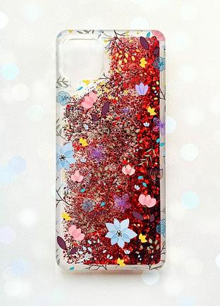 Чехол с плавающими блестками samsung galaxy a12 красный :: цветочный фон (принт 267)
