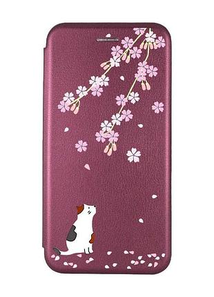 Чехол-книжка с рисунком для xiaomi redmi note 8 pro бордовый :: котик и сакура (принт 283)