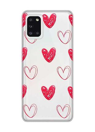 Прозрачный чехол на samsung a31 сердечка красные (принт 77)
