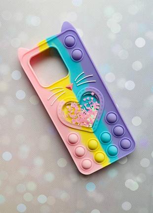 Чохол поп-іт pop it для xiaomi redmi 10c котик з сердечком рожево-фіол.
