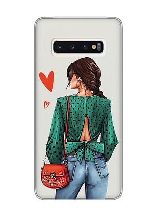 Прозрачный чехол на samsung galaxy s10 девушка в зеленом (принт 224)
