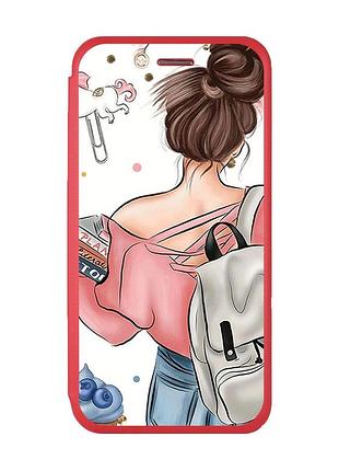 Чехол-книжка с рисунком для xiaomi redmi note 8t красный :: девушка с рюкзаком (принт 30)