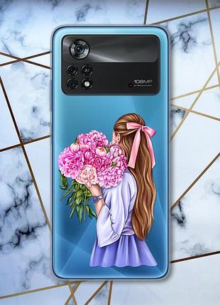 Прозрачный чехол на xiaomi poco x4 pro девушка с пионами (принт 11)