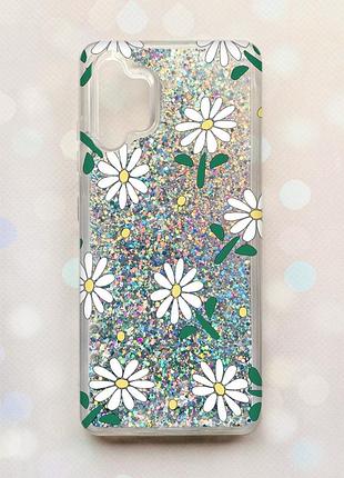 Чехол с плавающими серебряными блестками на samsung galaxy a32 ромашки (принт 368)