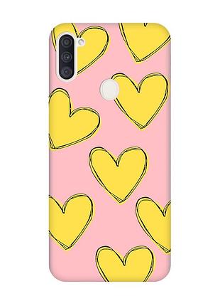 Матовий рожевий чохол на samsung galaxy a11 :: сердечка жовті (принт 259)