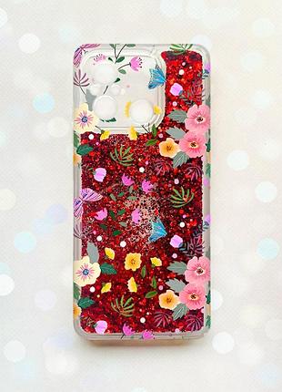 Чехол с плавающими блестками на xiaomi redmi 12c красный :: цветочный фон (принт 369)