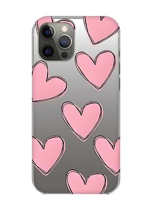 Прозорий чохол на iphone 12 pro max сердечка рожеві (принт 78)