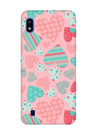 Матовый розовый чехол на samsung galaxy a10 (2019) a105 :: разноцветные сердечка (принт 334)
