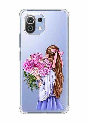 Чохол з потовщеними кутами на xiaomi mi 11 lite :: дівчина з півоніями (принт 11)
