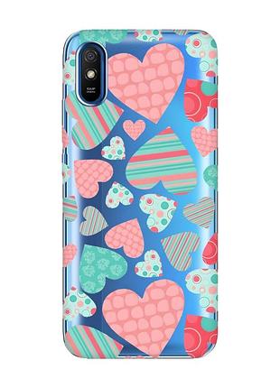 Прозорий чохол на xiaomi redmi 9a :: різнокольорові сердечка (принт 334)