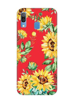 Матовый красный чехол на samsung galaxy a30 (2019) / a20 (2019) :: подсолнухи (принт 288)