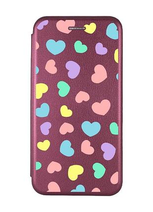 Чохол-книжка з малюнком для samsung galaxy m32/a22/m22 4g бордовий :: різнокольорові сердечка (принт 335)
