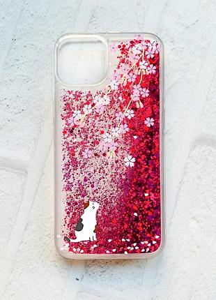 Чехол с плавающими блестками на iphone 14 розовый :: котик и сакура (принт 283)