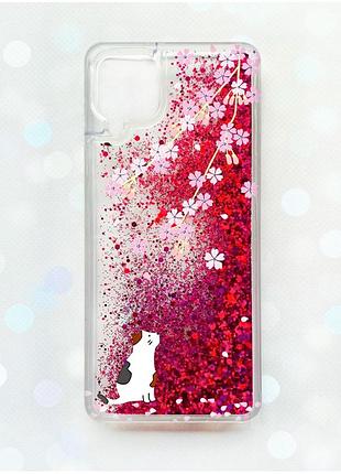 Чохол з плаваючими блискітками samsung galaxy a12 рожевий :: котик і сакура (принт 283)