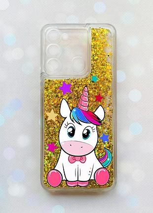 Чехол с плавающими блестками на tecno spark go 2022 золотой :: единорог (принт 102)