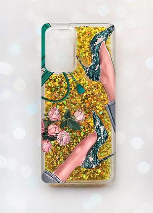 Чехол с плавающими блестками на samsung galaxy a52 (a525) золотой :: туфельки и цветы (принт 225)