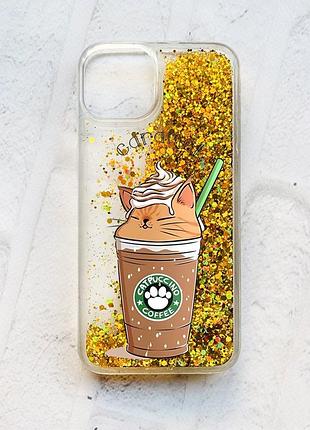 Чехол с плавающими блестками на iphone 13 :: золотой :: капучино котик (принт 97)