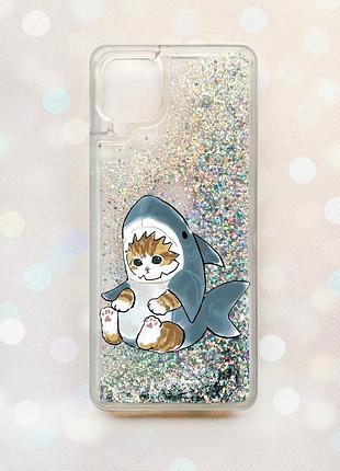 Чехол с плавающими блестками samsung galaxy a12 серебряный :: котёнок (принт 120)