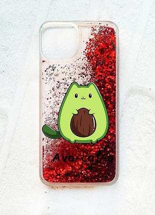 Чехол с плавающими блестками на iphone 13 :: красный :: котик авокадо (принт 306)
