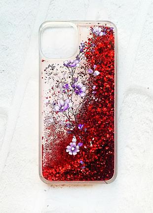 Чохол із плаваючими блискітками на iphone 13 червоний :: гілочка квітів (принт 278)