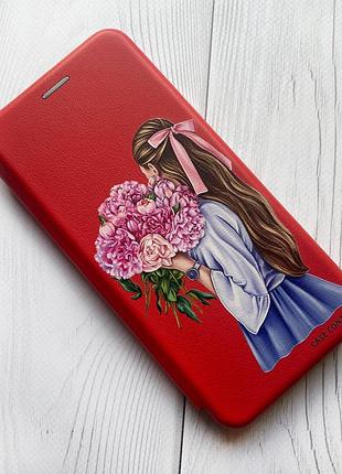 Чохол-книжка з малюнком для xiaomi redmi note 8t червоний :: дівчина з півоніями (принт 11) 2