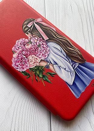 Чохол-книжка з малюнком для xiaomi redmi note 8t червоний :: дівчина з півоніями (принт 11) 3