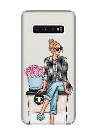 Прозрачный чехол на samsung galaxy s10 :: девушка на кофе (принт 228)