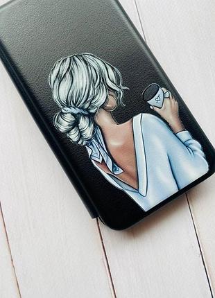 Чохол-книжка з малюнком для xiaomi redmi note 8 pro чорний :: дівчина з латте (принт 227) 2