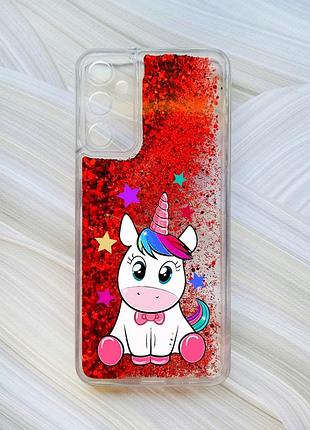 Чохол з плаваючими блискітками на samsung galaxy a05s (a057) червоний єдиноріг (принт 102)