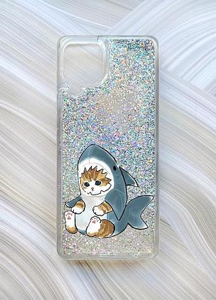Чехол с плавающими блестками на samsung galaxy a22 4g/m22/m32 серебро котёнок (принт 120)